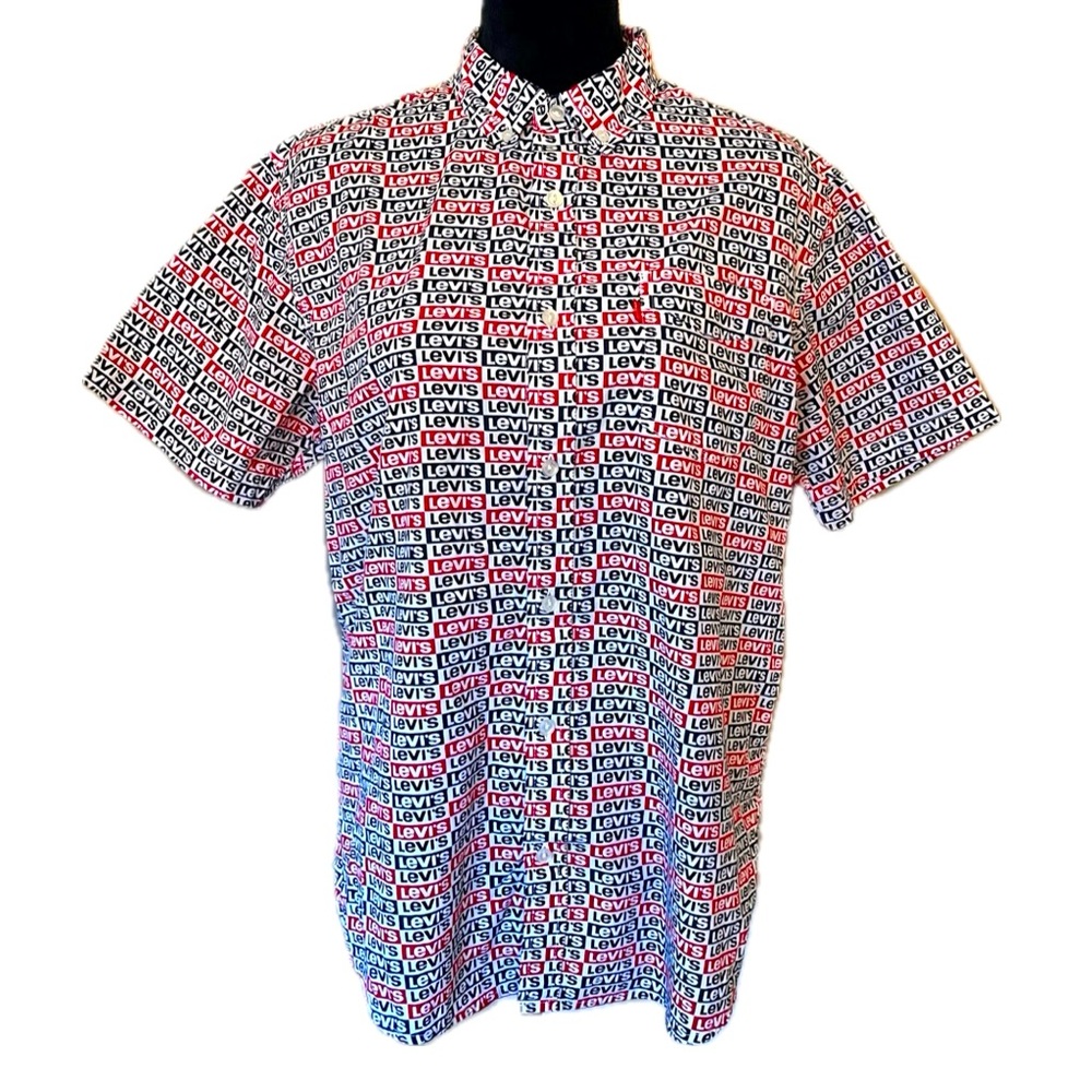 LEVI’S Logo All Over Print Button Down Casual S/S Shirt Sz M Red/Blue